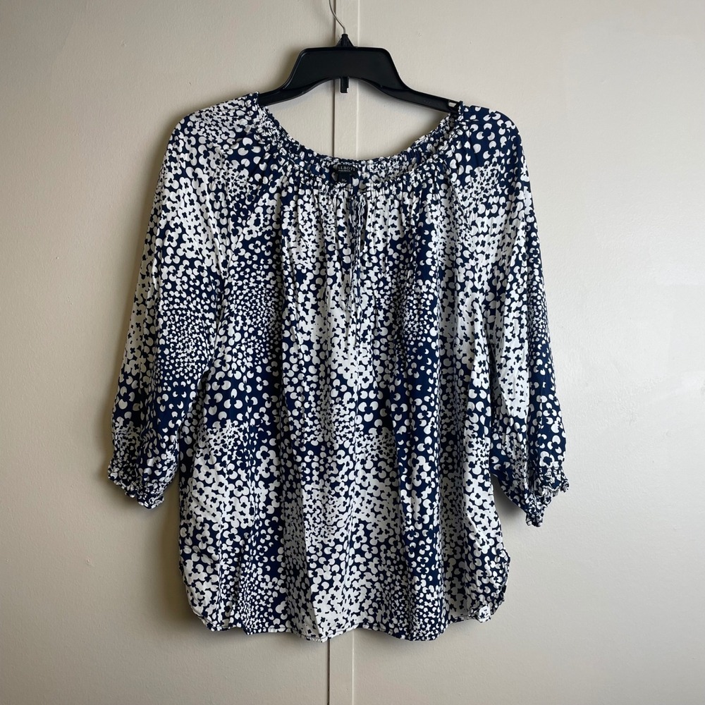 Talbots Plus Petite 1XP Navy White Floral Rayon Peasant Blouse Top 3/4‎ Sleeve